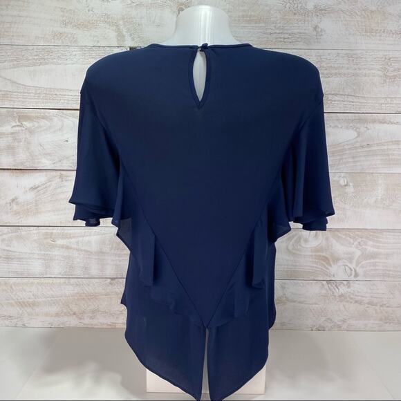 BCBGMAXAZRIA Navy Blue Solid Ruffle Short Sleeve Polyester Blouse Top Size XS - Picture 5 of 10